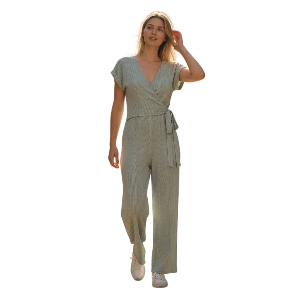 Caution To The Wind Women Jumpsuit Wrap Ribbed Wide Leg M Sage Green Rayon Blend